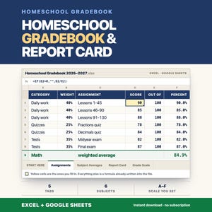 Homeschool Gradebook Spreadsheet Template, Weighted Grade Tracker and Printable Report Card Planner, Excel Google Sheets