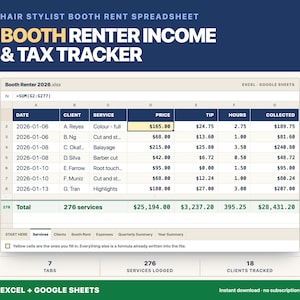 May include: A digital spreadsheet titled Hair Stylist Booth Rent Spreadsheet and Booth Renter Income & Tax Tracker. The interface displays columns for date, client, service, price, tip, hours, and collected amounts, with a total row at the bottom.