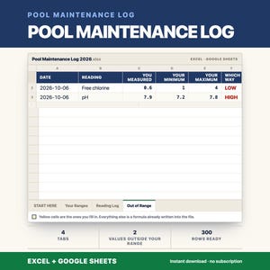 May include: A digital pool maintenance log spreadsheet template for Excel and Google Sheets. The interface displays columns for date, reading, measured values, minimum and maximum ranges, and status indicators labeled LOW or HIGH.
