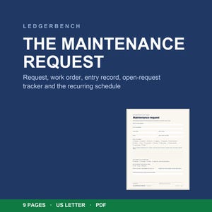 Druckbares Formular für Instandhaltungsanfragen, Reparaturauftrag und Eintragungsprotokoll für Mieter, Anfrageverfolgung für Vermieter (9-seitiges PDF)