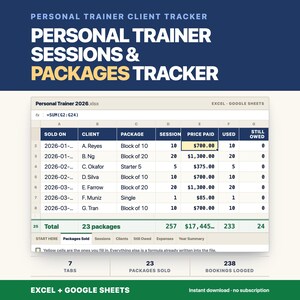 Personal Trainer Spreadsheet Template, Client Session Package Tracker, Income Planner Log, Excel Google Sheets