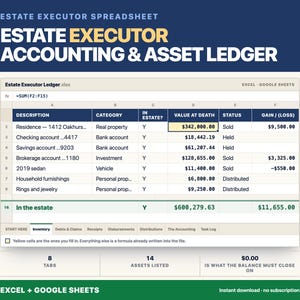 May include: An Estate Executor Accounting and Asset Ledger spreadsheet template for Excel and Google Sheets. The interface displays columns for description, category, value at death, status, and gain or loss, with tabs for inventory and accounting.