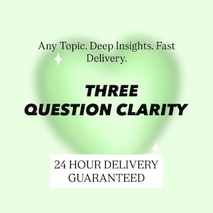 Op de afbeelding: Een lichtgroene afbeelding met de tekst "Any Topic. Deep Insights. Fast Delivery." in het zwart. De woorden "THREE QUESTION CLARITY" zijn vetgedrukt in het zwart. Daaronder staat in een witte rechthoek "24 HOUR DELIVERY GUARANTEED."