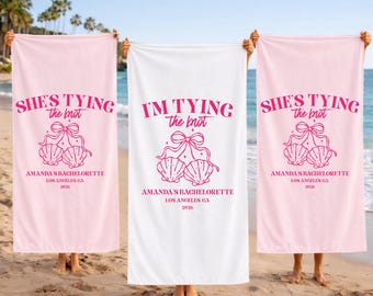 Telo mare per addio al nubilato "Tying the Knot", "Sposa Squad" personalizzato con conchiglie, bomboniera per festa di addio al nubilato in spiaggia.