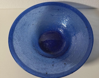 Vintage Old Hand-Blown Blue Art Deco Glass Bowl