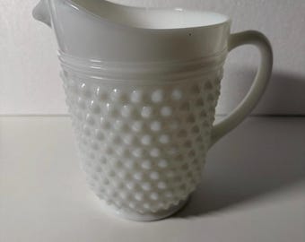 Vintage Old Milk Glass Hobnail Pitcher with Handle