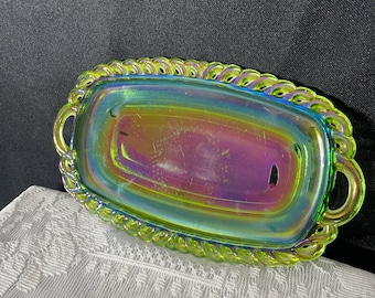 Vintage iridescent blue carnival glass tray Indiana glass co