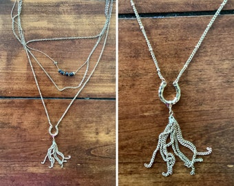 Vintage western layered necklace with horseshoe pendant | boho long chain necklace with fringe pendant | cowgirl bohemian chain necklace
