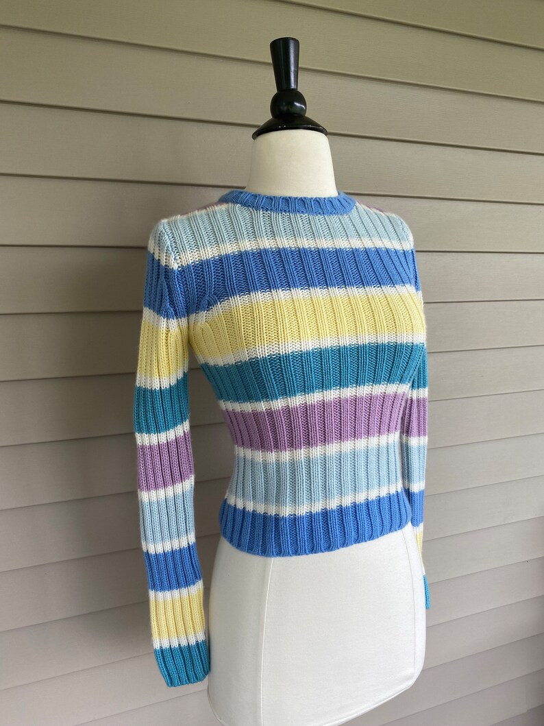 Vintage Energie Pastellrandig Tröja | 90-tals Akrylstickning, XS bild 4