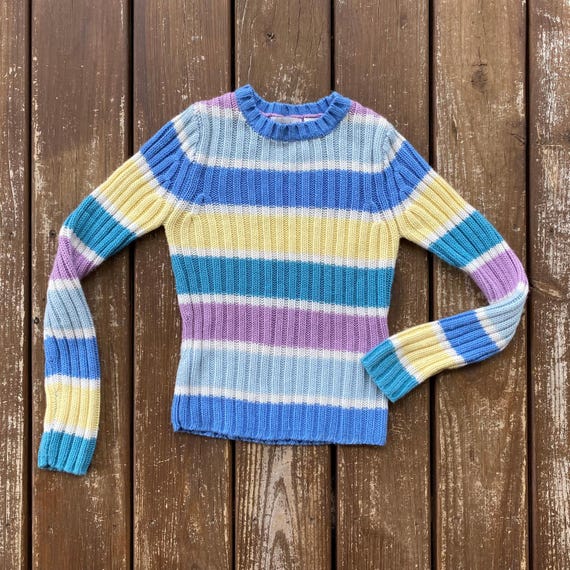 Vintage Energie Pastel Striped Sweater | 90s Acrylic Knit, XS