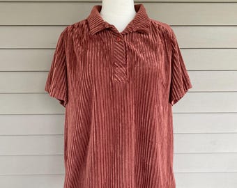 Vintage 70s Brown Velour Corduroy Shirt | Retro Boho Polo Top