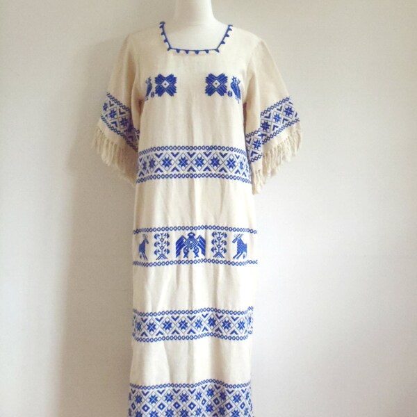 RESERVED for Grace - Vintage tribal stripe long dress / Navajo inspired embroidered pattern maxi / fringed ends / rug-like fabric