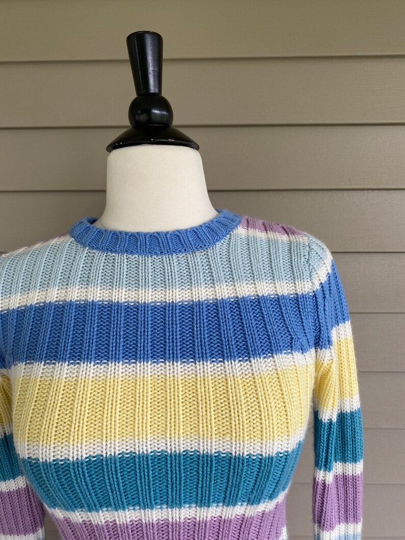 Vintage Energie Pastellrandig Tröja | 90-tals Akrylstickning, XS bild 6