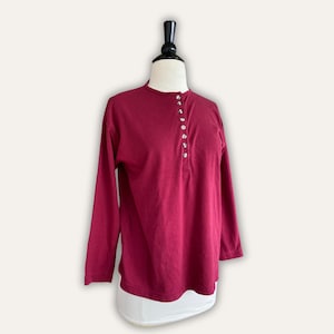 Vintage 90s Button Down Henley Shirt | Maroon Button Closure Henley Shirt by Erika | Vintage Nineties Style | Long Sleeve Cotton Tee-Shirt