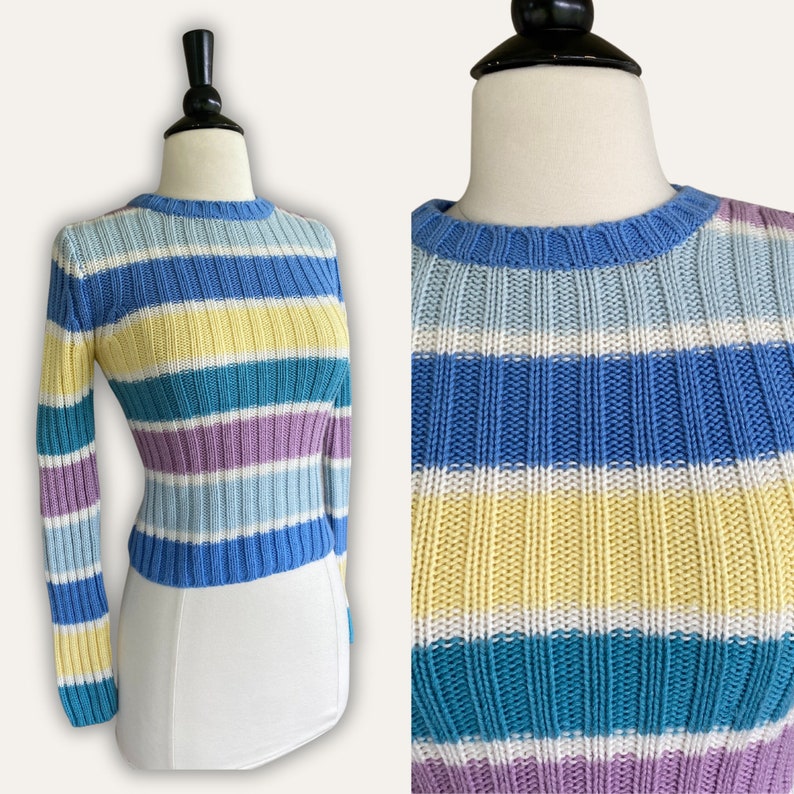 Vintage Energie Pastellrandig Tröja | 90-tals Akrylstickning, XS bild 2