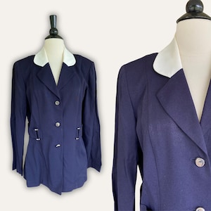 Vintage 80&#39;s Navy Structured Blazer | Vintage Blazer | Retro Vintage Jacket | Women&#39;s Summer Blazer | Office Outfits | Fitted Long Blazer