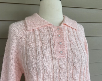 Vintage 80-tals rosa kabelstickad tröja | Pärlknappströja i Cottagecore