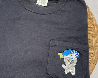 Funny Fishing Cat Pocket Shirt Embroidered Cat Holding Fish Tee Mens Gift Functional Pocket Shirt