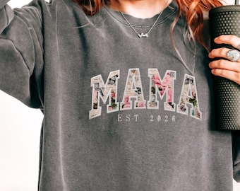 Premium Custom MAMA Sweatshirt – Applique Embroidery with Kids Names and Personalized Fabric Pattern Detail Gift for Mothers, Grandma, Wife