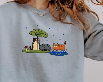 Rainy Day Cat Embroidered Sweatshirt Comfort Colors 1566 Premium Cat Lover Crewneck Cozy Cottagecore Cat Gift