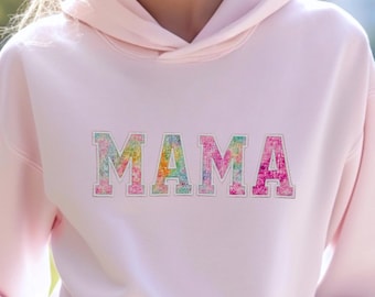 Custom MAMA Hoodie – Applique Embroidery with Kids Names and Personalized Fabric Pattern Detail, Mom, Mommy, Gift for Mothers