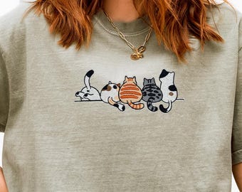 刺繍入り猫シャツ、かわいい猫Tシャツ、猫好きへのギフト、猫の飼い主Tシャツ、長袖