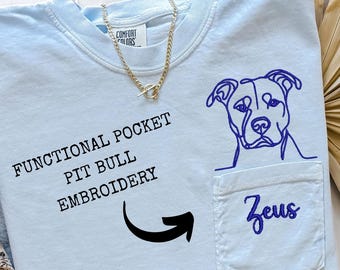 Pit Bull Pocket Embroidery Shirt Comfort Colors 6030 Custom Dog Name Tee Other Breeds Available Dog Lover Gift