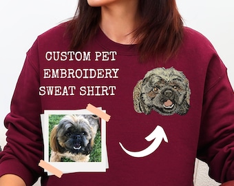 Custom Pet Portrait Embroidered Sweatshirt – Photo to Embroidery Dog Crewneck with Sleeve Names