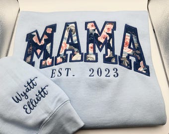Custom MAMA Sweatshirt – Applique Embroidery with Kids Names and Personalized Fabric Pattern Detail Mom Mommy Gift for Mothers Grandma Wife