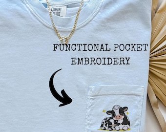Embroidered Cow Pocket T-Shirt, Functional Pocket Tee, Mama Baby Cow Shirt, Cute Farm Animal Shirt, Cow Lover Gift