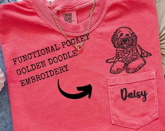 Golden Doodle Pocket Embroidery Shirt Comfort Colors 6030 Custom Dog Name Tee Other Breeds Available Dog Lover Gift