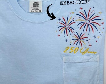 Patriotic Fireworks Pocket Embroidery Shirt, 250 Years America Tee 4th of July Shirt