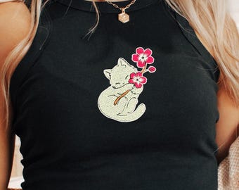 Embroidered Cat Cherry Blossom Crop Top Baby Tee Aesthetic Relaxed Fit Floral Cat Shirt Cute Minimalist Gift for Her