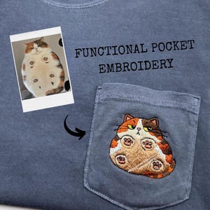 Funny Cat Pocket Embroidery Shirt, Functional Pocket Cat Tee Comfort Colors 3060 Cat Lover Gift