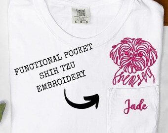 Shih Tzu Pocket Embroidery Shirt Comfort Colors 6030 Custom Dog Name Tee Other Breeds Available Dog Lover Gift