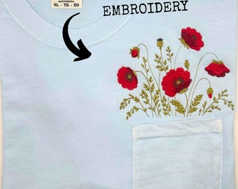Red Poppy Pocket Embroidery Shirt Wildflower Pocket Tee Botanical Flower Shirt Functional Pocket Comfort Colors Tee