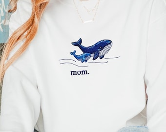 クジラママ刺繍スウェットシャツ ミニマルな海の動物クルーネック かわいいママへのギフト 快適な海洋生物シャツ
