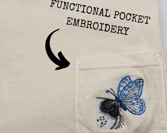 Embroidered Dog Pocket T-Shirt, Butterfly Dog Shirt, Dog Lover Gift, Cute Pocket Tee, Animal Embroidery Shirt, Nature Aesthetic Tee