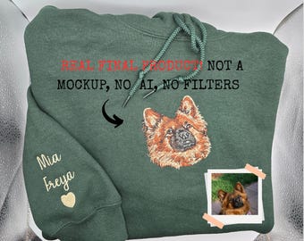 Custom Pet Portrait Embroidered Hoodie – Photo to Embroidery Dog Hoodie with Sleeve Names