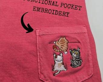 Embroidered Cat Pocket T-Shirt – Functional Pocket Tee with Hanging Cats, Funny Gift for Cat Lovers