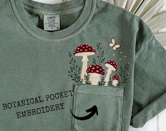 Mushroom Pocket Embroidery Shirt Comfort Colors 6030 Cottagecore Botanical Tee Nature Lover Gift