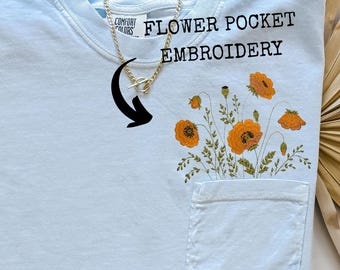 California Poppy Pocket Embroidery Shirt Wildflower Pocket Tee California Flower Botanical Shirt
