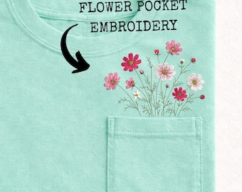 Wildflower Pocket Embroidery Shirt Cosmos Flower Pocket Tee Functional Pocket Floral Comfort Colors 3060 Shirt, Gift for Her