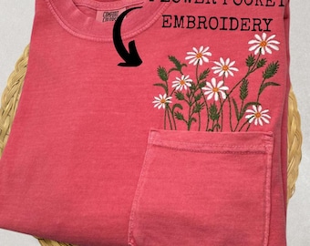 Embroidered Daisy Pocket T Shirt, Floral Pocket Tee Spring Flower Shirt Gift for Her