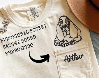 Basset Hound Pocket Embroidery Shirt Comfort Colors 6030 Custom Dog Name Tee Other Breeds Available Dog Lover Gift