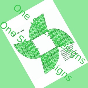 May include: A printable template for a green and white patterned box. The template includes instructions for cutting, folding, and assembling the box. The text on the template reads "Bon Box" and "One Stitch Designs".