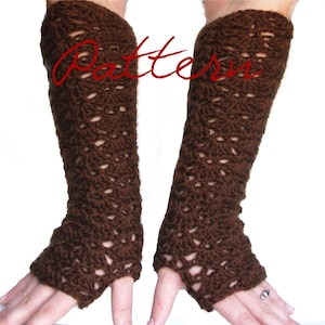 May include: A pair of brown crocheted fingerless gloves with a lacy pattern.
