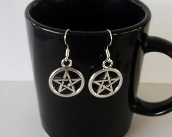 Silver Pentacle Earrings Pentagram Fish Hook Ear Wires Halloween, Wiccan