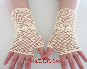 PDF Crochet Pattern Bridal Fishnet Fingerless Gloves With Diamonds Wedding Thread Crochet Pattern