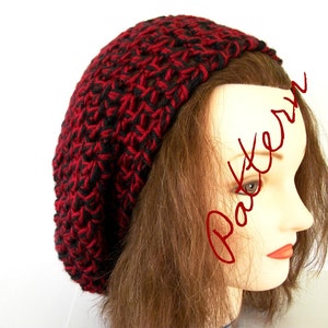 May include: A red and black crocheted beanie hat. The hat is slouchy and has a simple design.